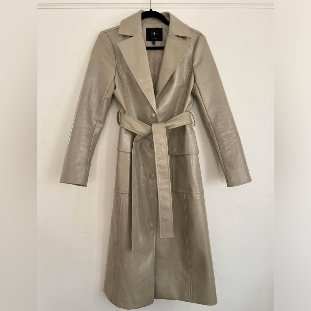 Beige faux leather trench coat. Excellent condition.